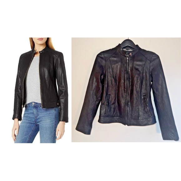 Cole Haan Jackets & Blazers - Cole Haan Women's Size Medium Racer Leather Jacket Black Moto Style EUC Classic
